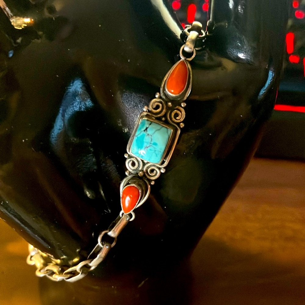 Native American Sterling Silver .925 Turquoise & Coral Bracelet
